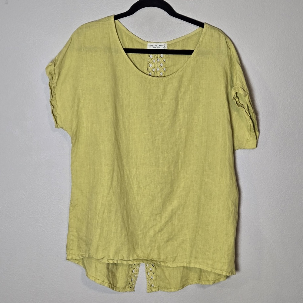 Terzo Millennio Italian Linen Blouse L Chartreuse Crochet Lace Back Tunic Top
